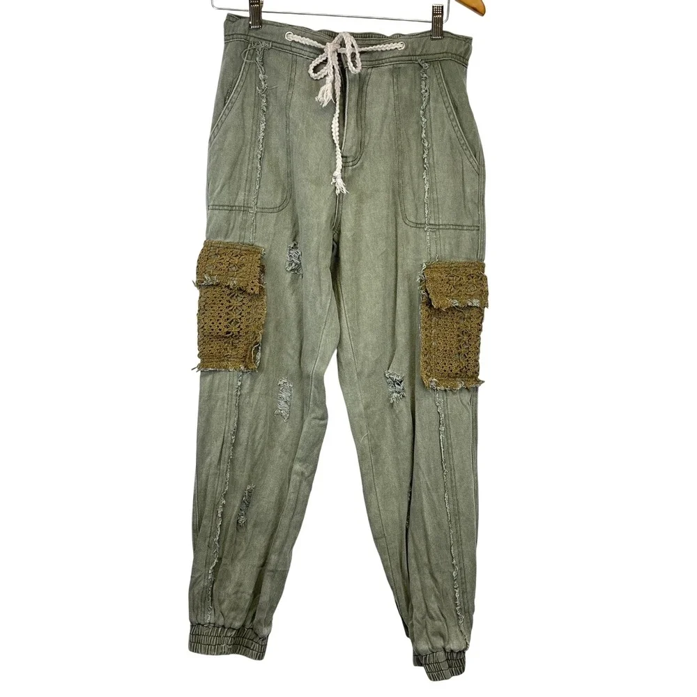 POL Elliot Joggers Small Crochet Lace Distressed Cargo Patch Pants Boho Festival